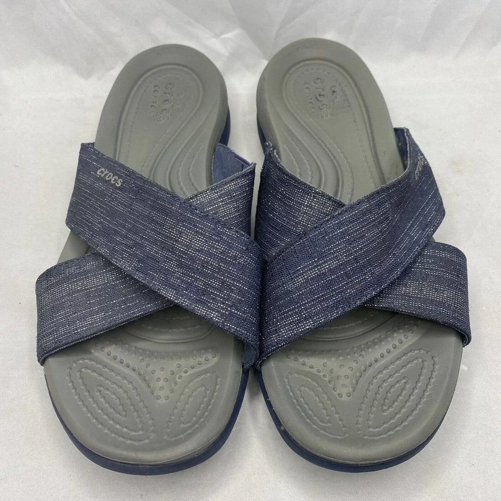 Crocs Capri Shimmer X Band Slide Sandals Navy Blue Slate Grey 204908 Womens 10